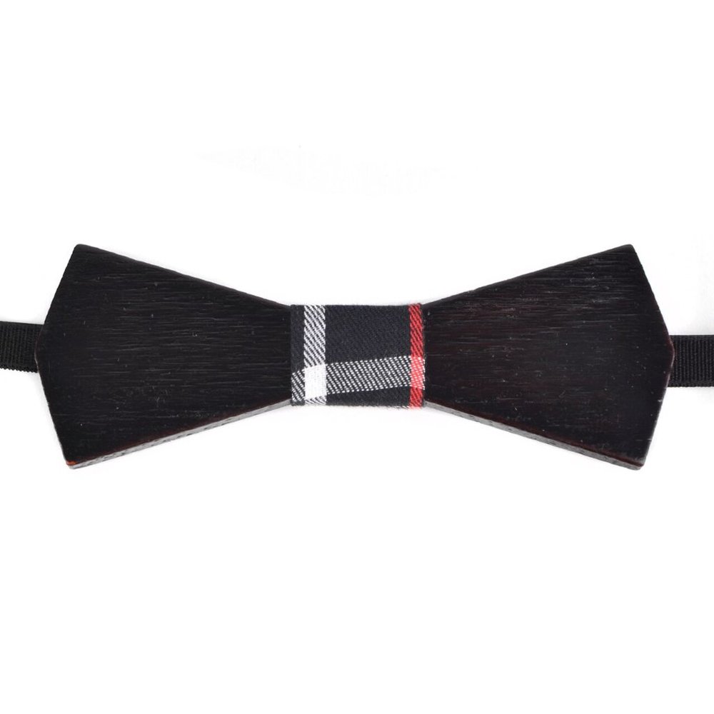 Men's Wooden Bow Tie, Black Plaid Fabric Center